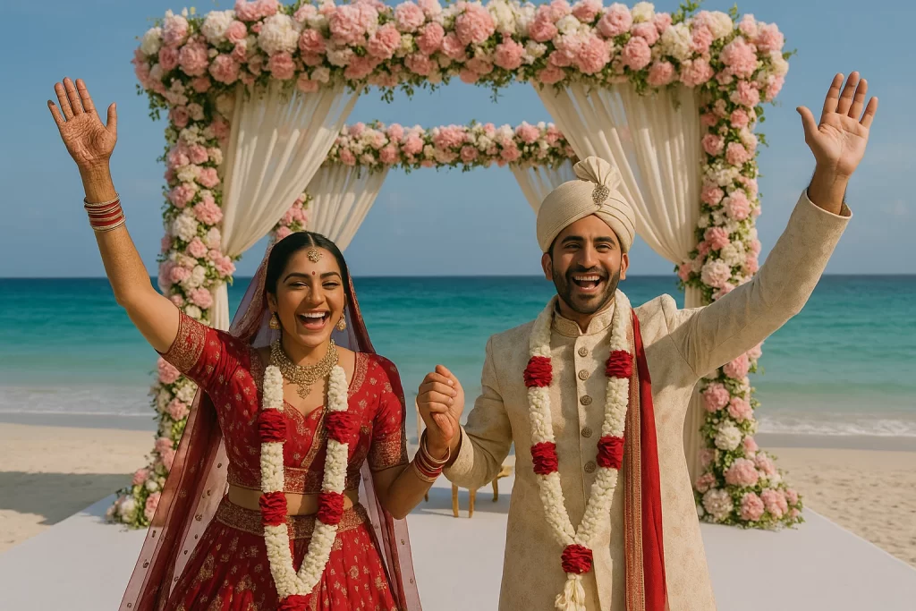 Indian couple celebrating at a beachside destination wedding with mandap, floral decor, and blue ocean in the background