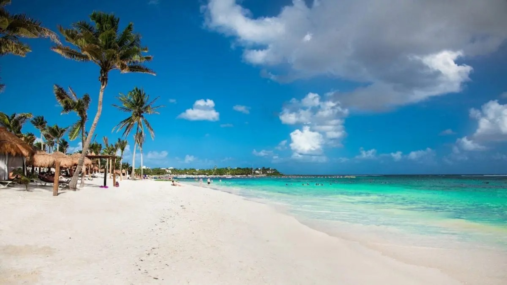 Scenic view of Akumal beach with palm trees and clear turquoise water, ideal for Indian destination weddings